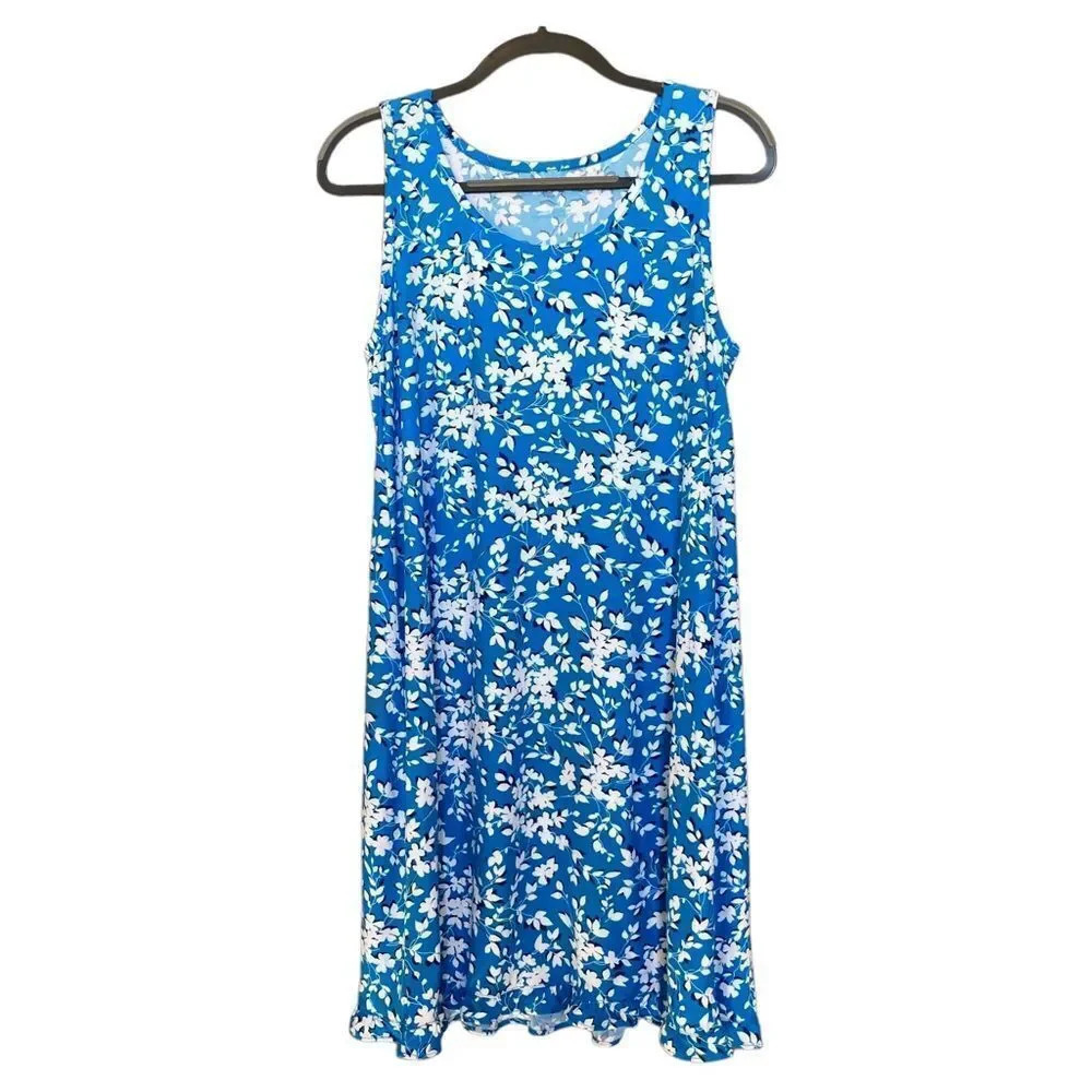 DRAPER JAMES Ruffle Sleeveless Nightie Dress in Blue Shadow Floral Small Medium